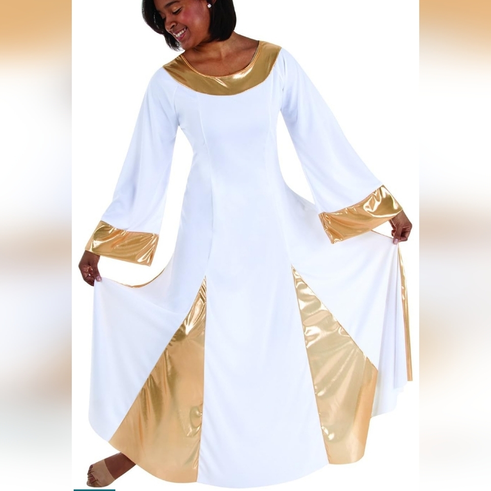 NWT Womens Plus Size Danzcue Praise Robe Dress White & Gold 4XL